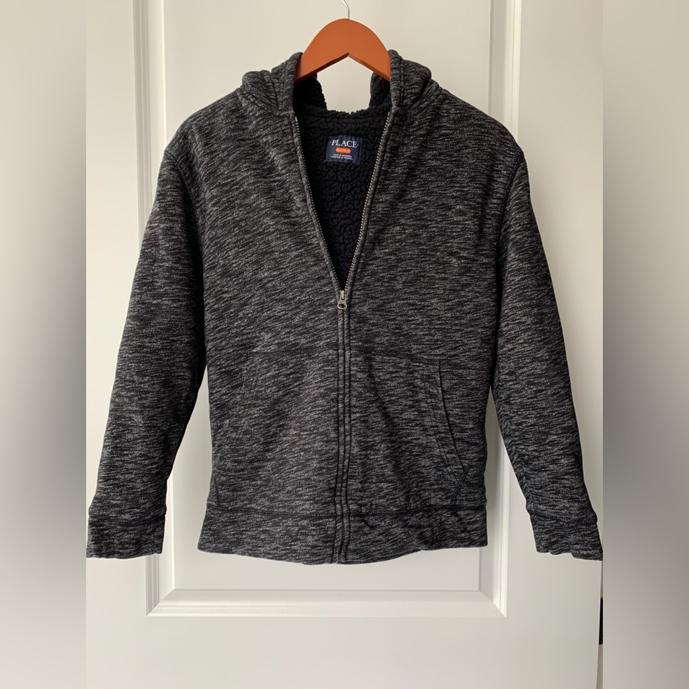 NWOT The Childrens Place Boys Grey Marl Sherpa Fleece Hooded Winter Jacket XXL